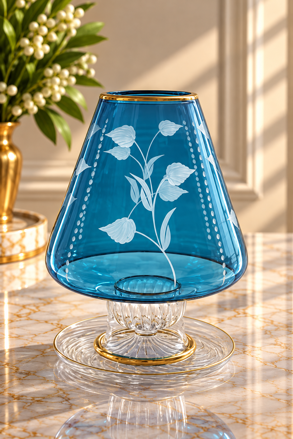 Hand Blown Blue Glass Hurricane Candle Holder – Etched Floral Glass Lantern with Gold Accents | Luxury Home Decor