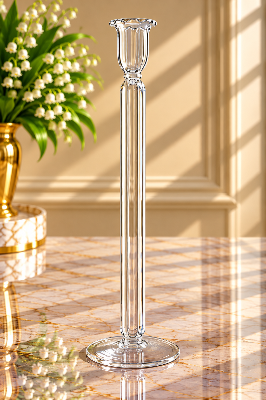 Hand Blown Clear Glass Candle Holder – Tall Ribbed Crystal Glass Candlestick | Elegant Luxury Home Decor
