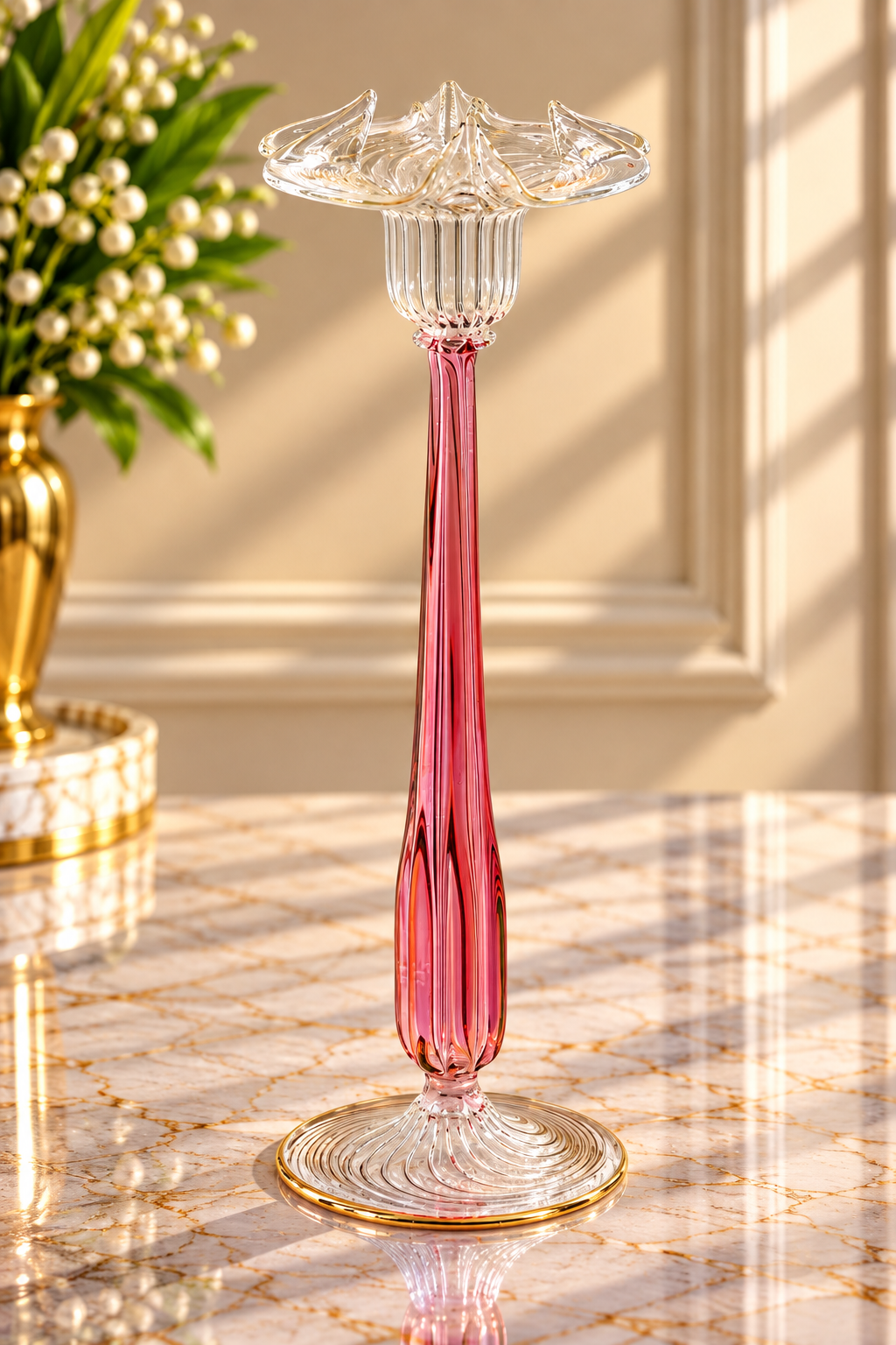 Hand Blown Pink Glass Candle Holder – Tall Fluted Glass Candlestick with Ruffled Flower Top | Luxury Home Decor