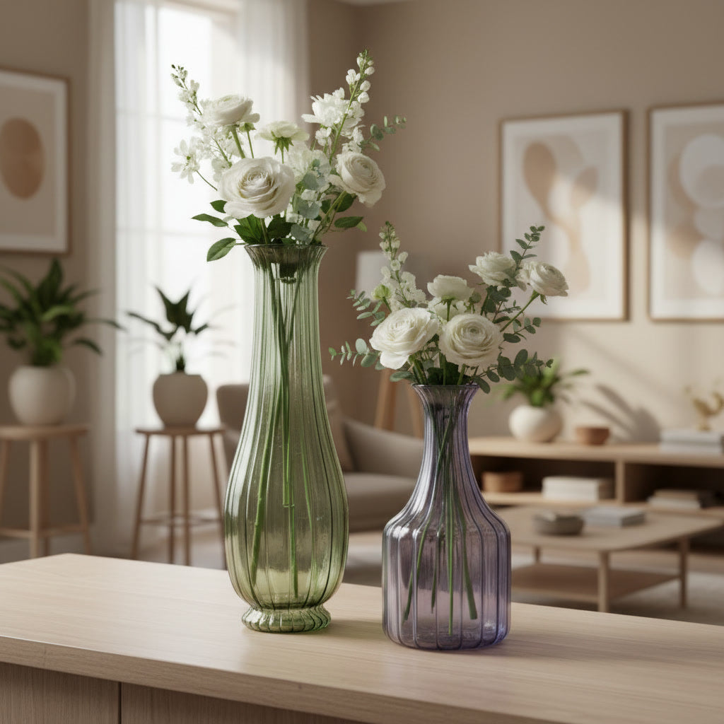 Hand Blown Ribbed Glass Vase – Tall Flower Vase in Custom Colors
