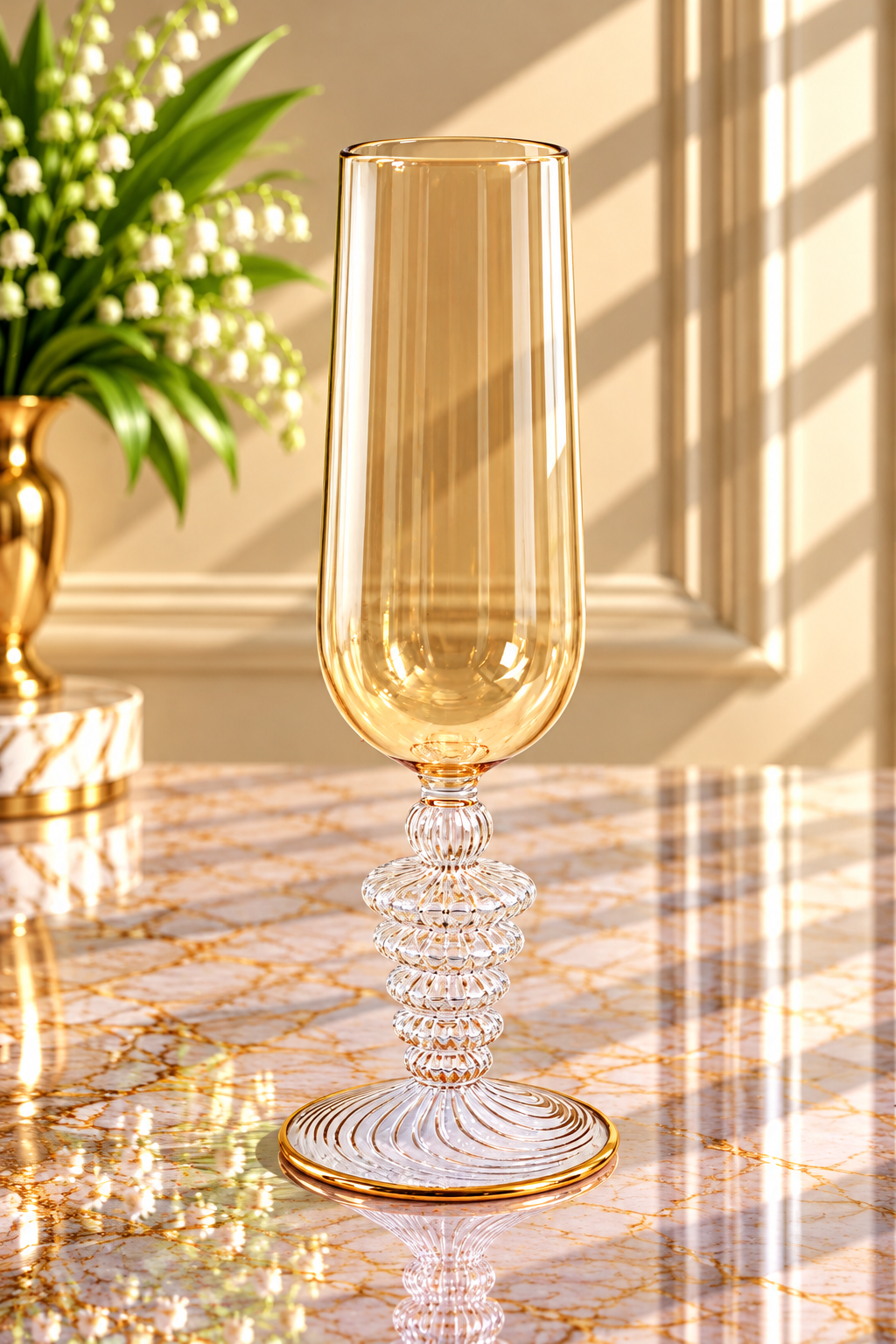 Hand Blown Champagne Amber Glass Vase – Tall Cylinder Art Glass with Sculptural Ribbed Stem & Gold Rim