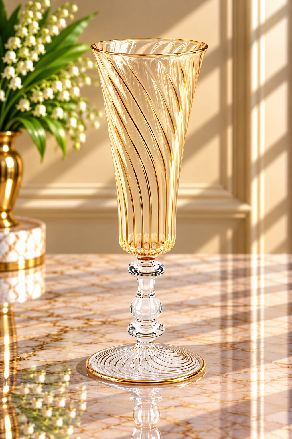 Hand Blown Amber Glass Vase – Tall Spiral Ribbed Trumpet Vase with Clear Glass Pedestal & Gold Accents | Luxury Home Decor