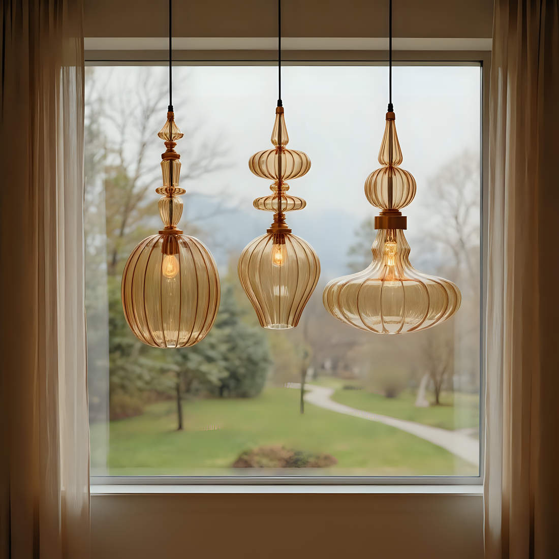 Amber Blown Glass Pendant Light Set Handmade