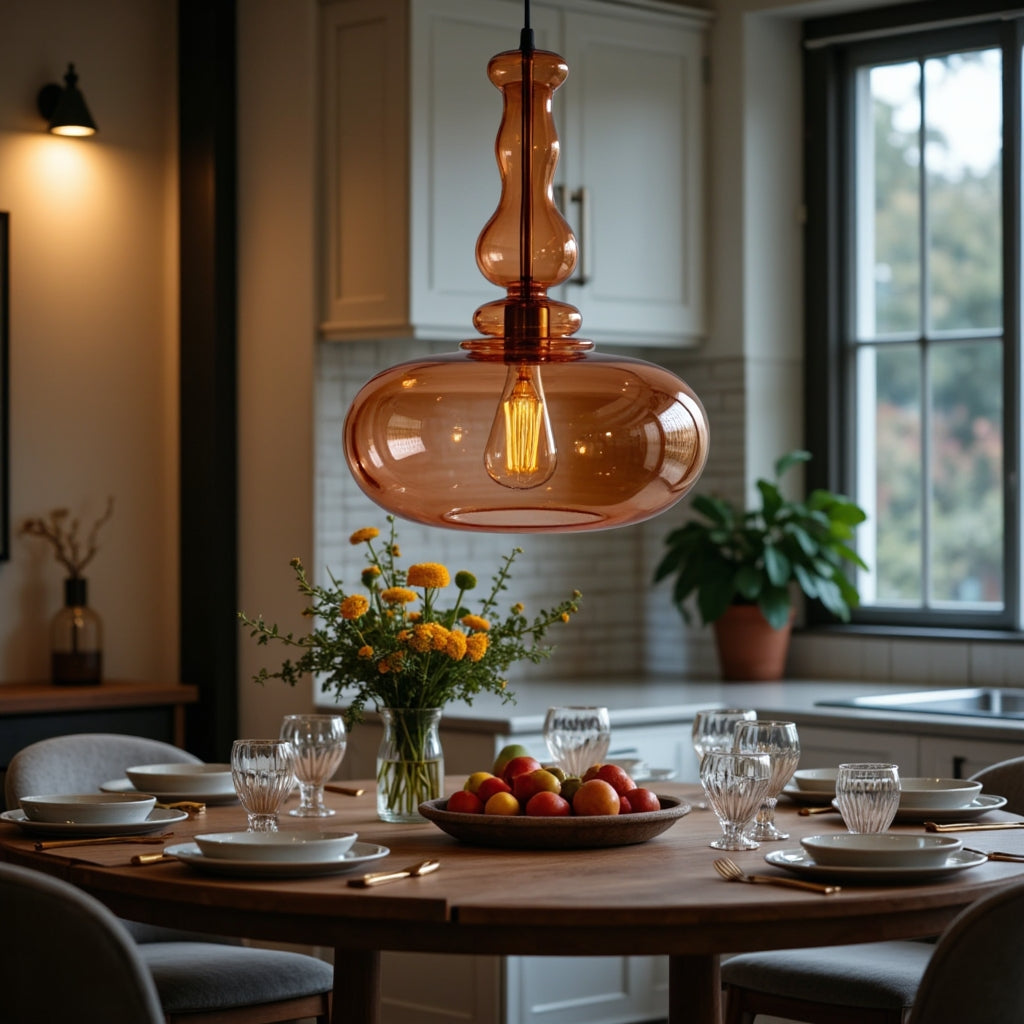 Dining table set with plates, glasses, and a vase of flowers under an amber pendant light in a kitchen.