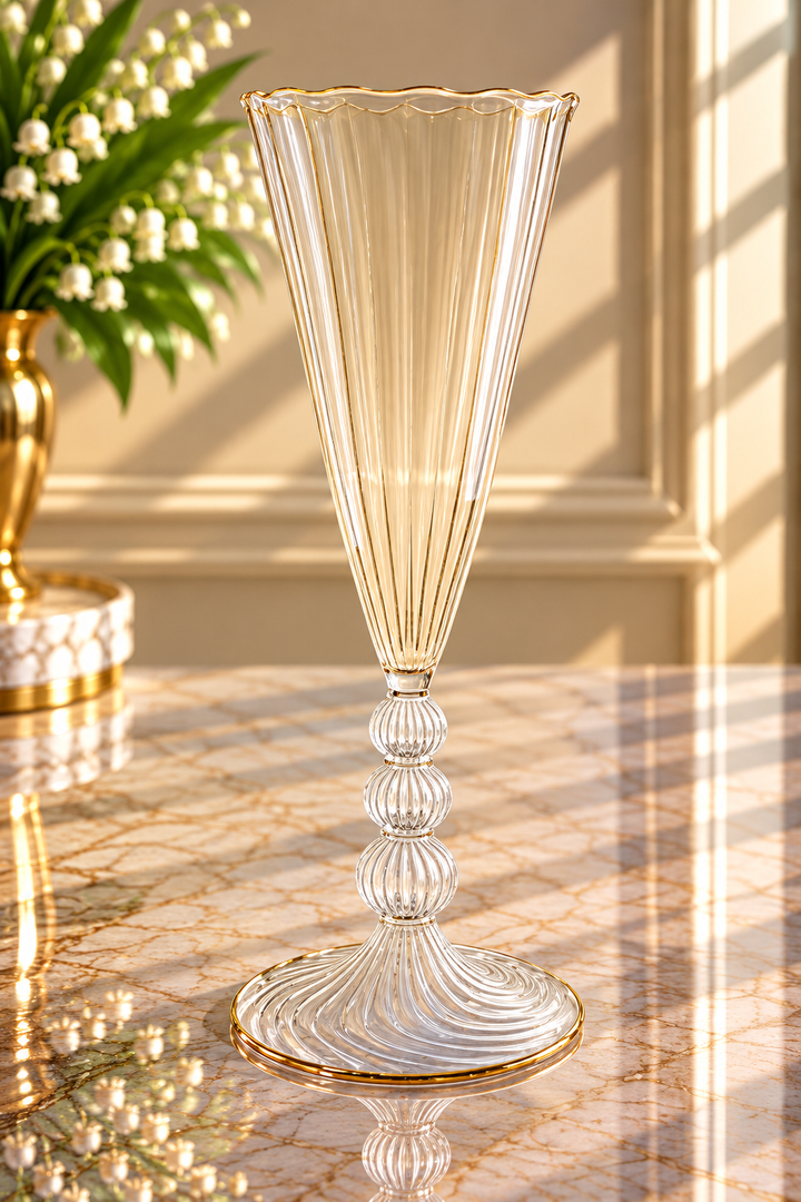 Hand Blown Champagne Glass Goblet – Tall Fluted Art Glass Vase with Sculptural Stem & Gold Rim | Luxury Home Decor