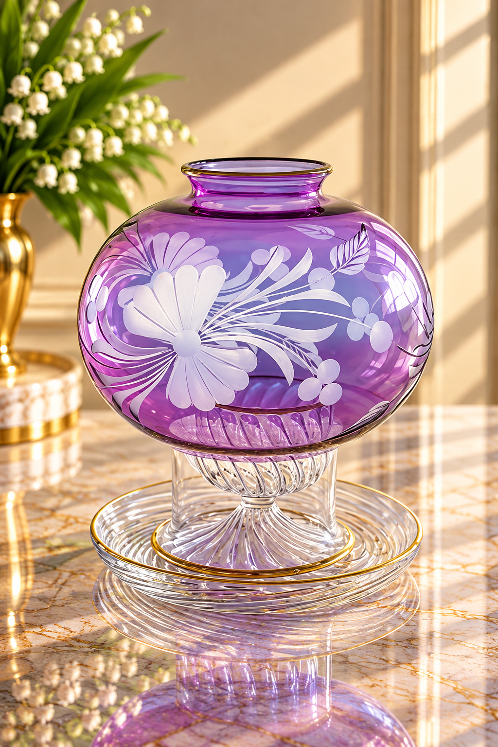 Hand Blown Purple Glass Hurricane Candle Holder – Etched Floral Amethyst Glass Centerpiece | Luxury Home Decor