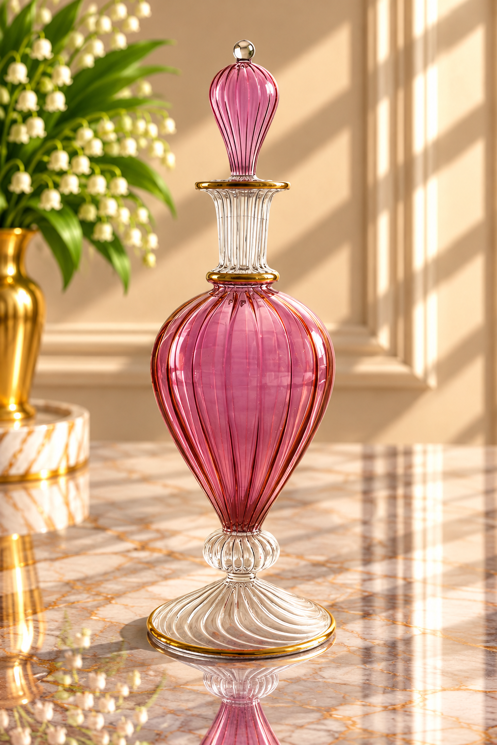 Hand Blown Pink Glass Decanter with Stopper – Ribbed Decorative Glass Bottle with Gold Accents | Luxury Art Glass