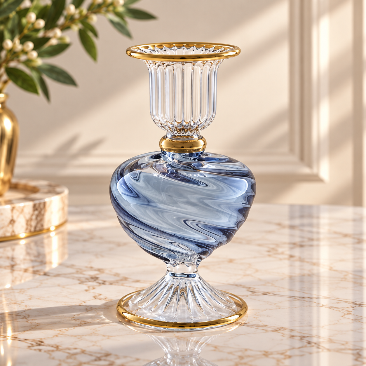 Hand Blown Blue Swirl Glass Candle Holder – Luxury Handmade Glass Candlestick with Gold Accents