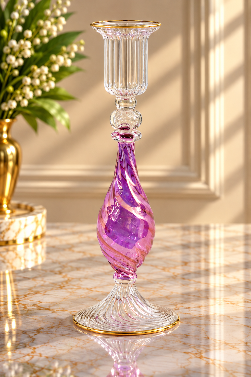 Hand Blown Pink & Purple Swirl Glass Candle Holder – Tall Ribbed Glass Candlestick with Gold Accents