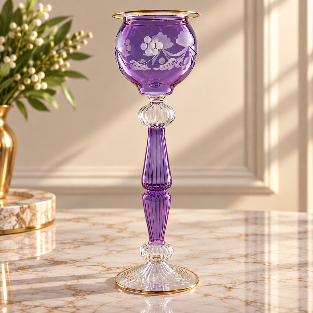 Hand Blown Purple Glass Candle Holder – Tall Lavender Etched Floral Glass Candlestick with Gold Accents