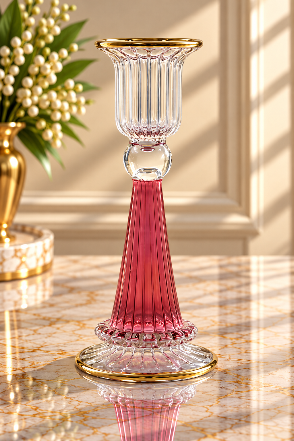 Hand Blown Pink Glass Candle Holder – Ribbed Rose Pink Glass Candlestick with Gold Accents | Luxury Home Decor