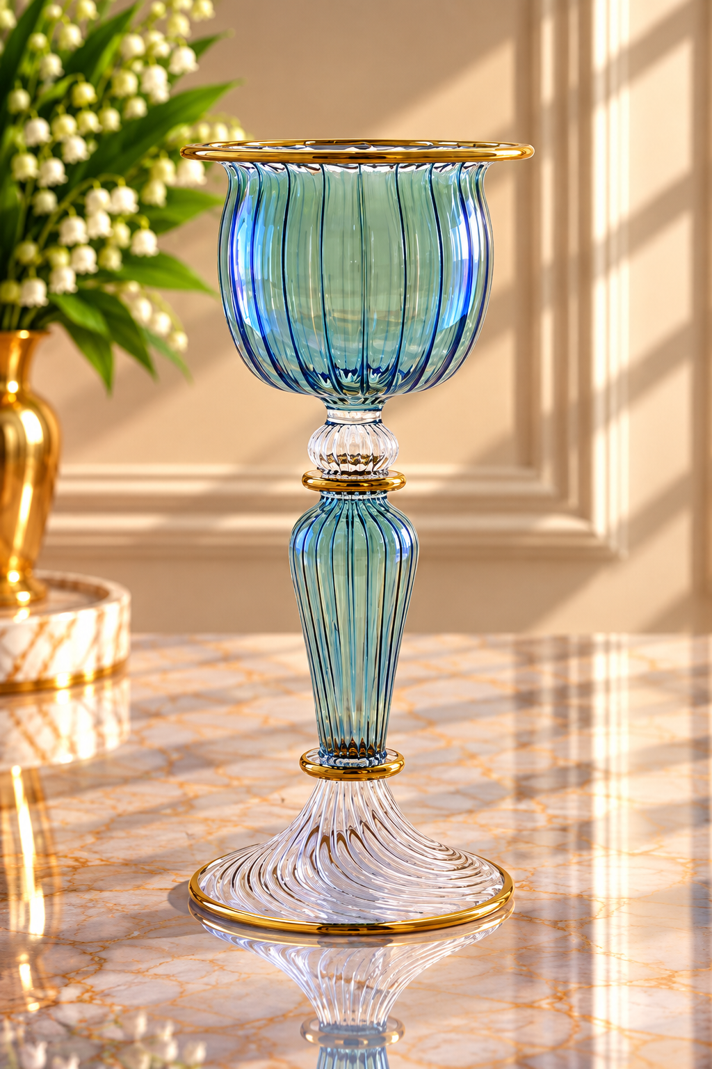 Hand Blown Teal Blue Glass Candle Holder – Ribbed Glass Goblet Candlestick with Gold Accents | Luxury Home Decor
