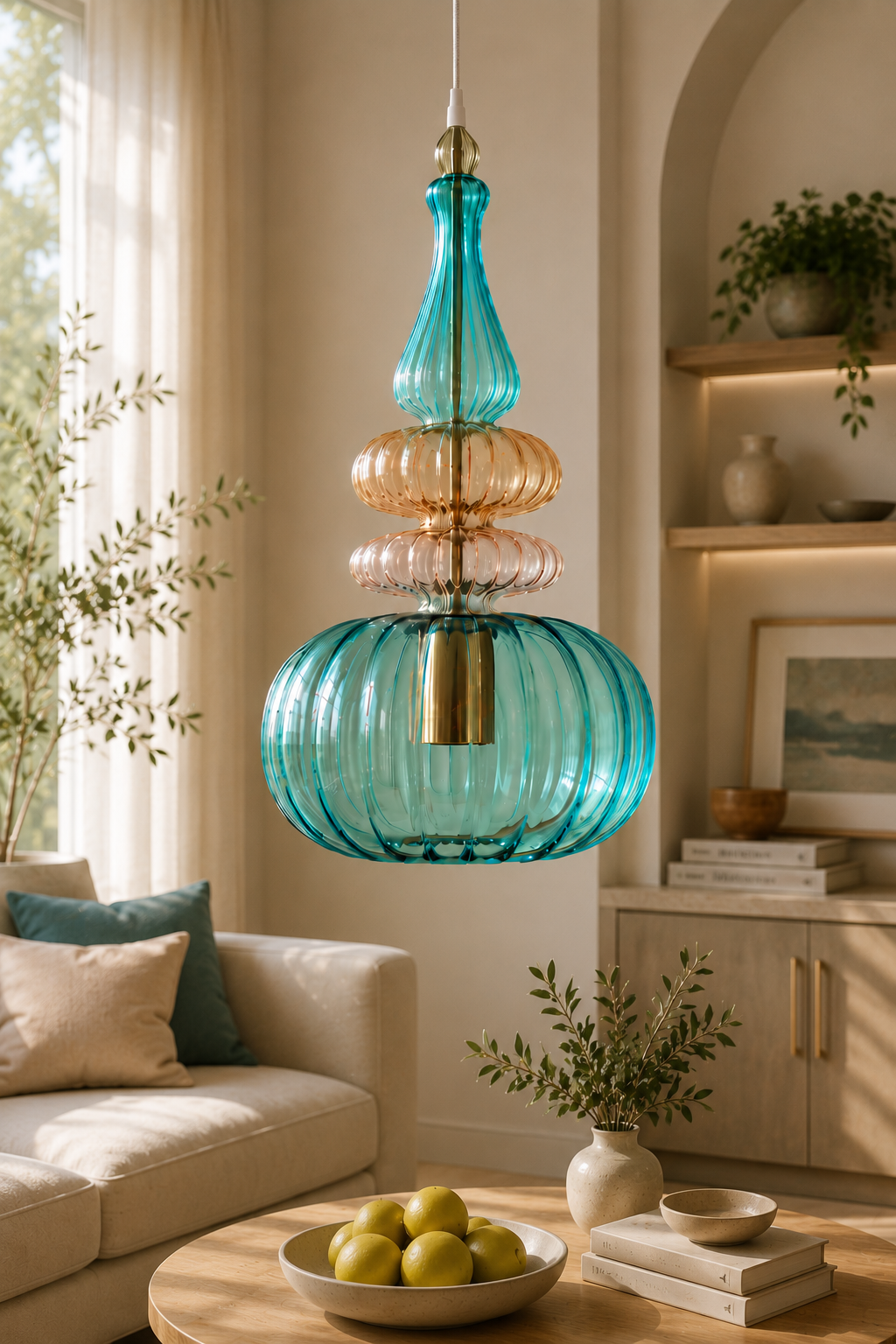 Teal & Amber Ribbed Glass Pendant Light
