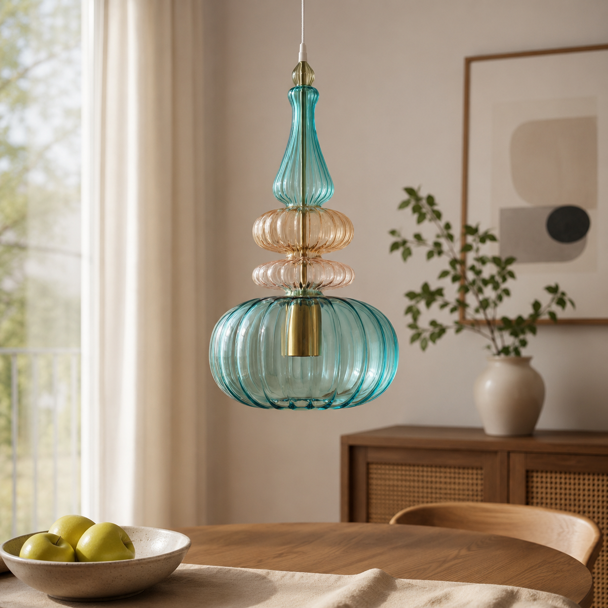 Teal & Amber Ribbed Glass Pendant Light