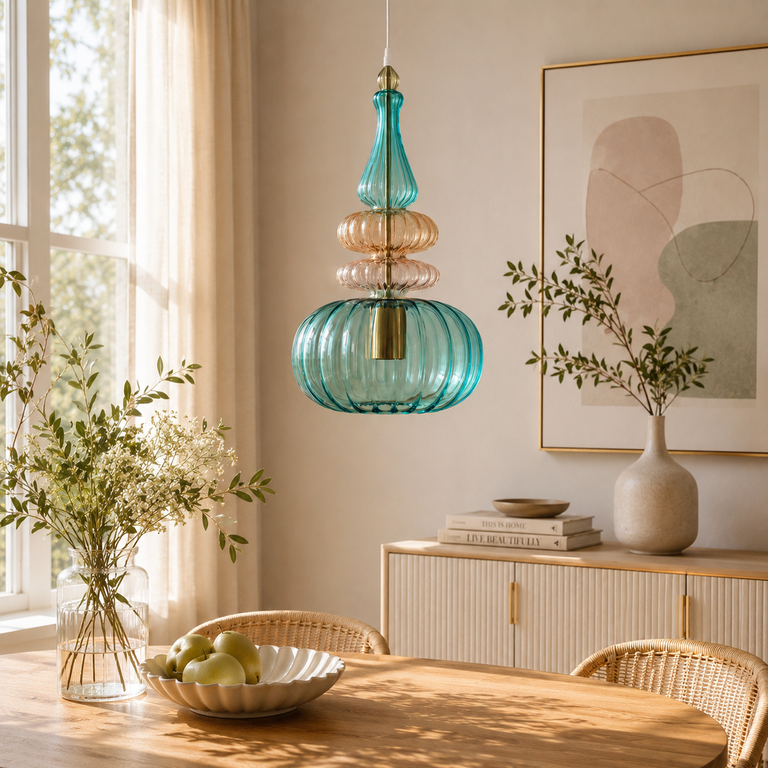 Teal & Amber Ribbed Glass Pendant Light