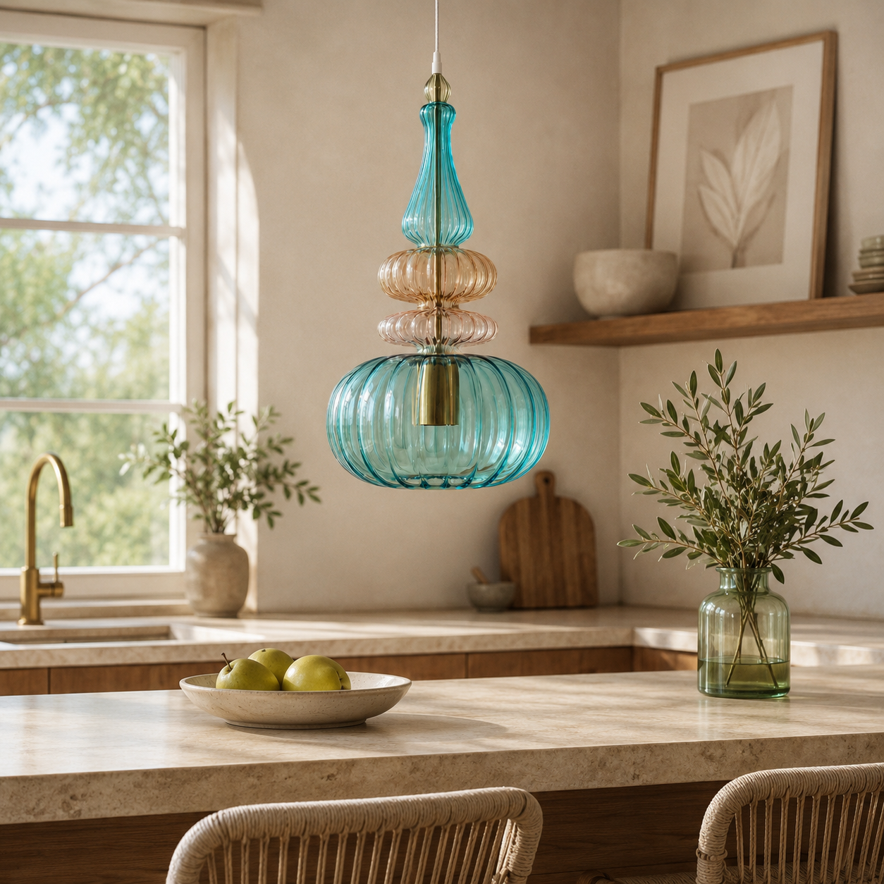 Teal & Amber Ribbed Glass Pendant Light