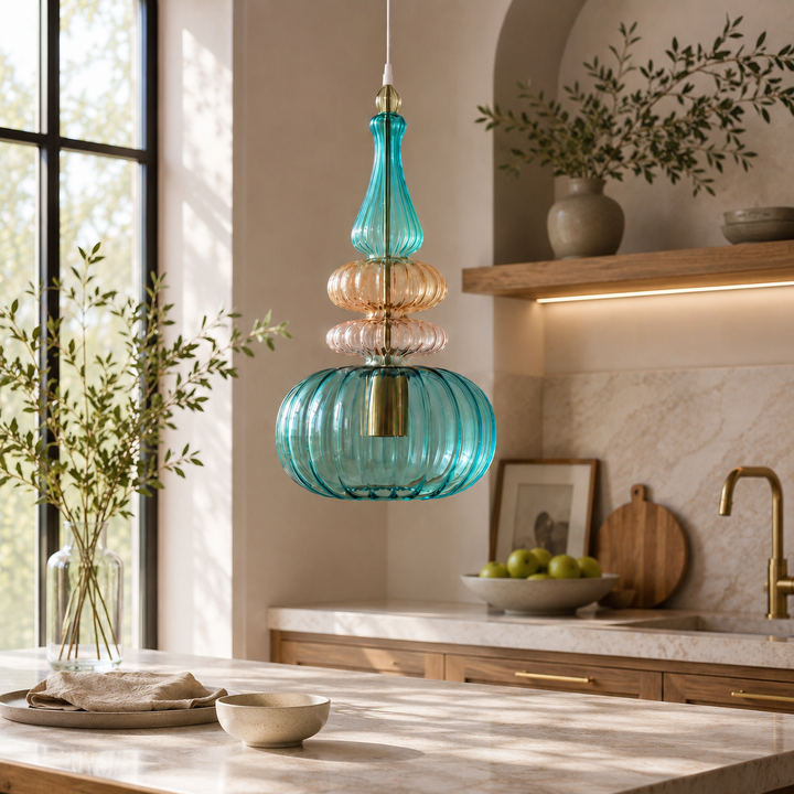 Teal & Amber Ribbed Glass Pendant Light