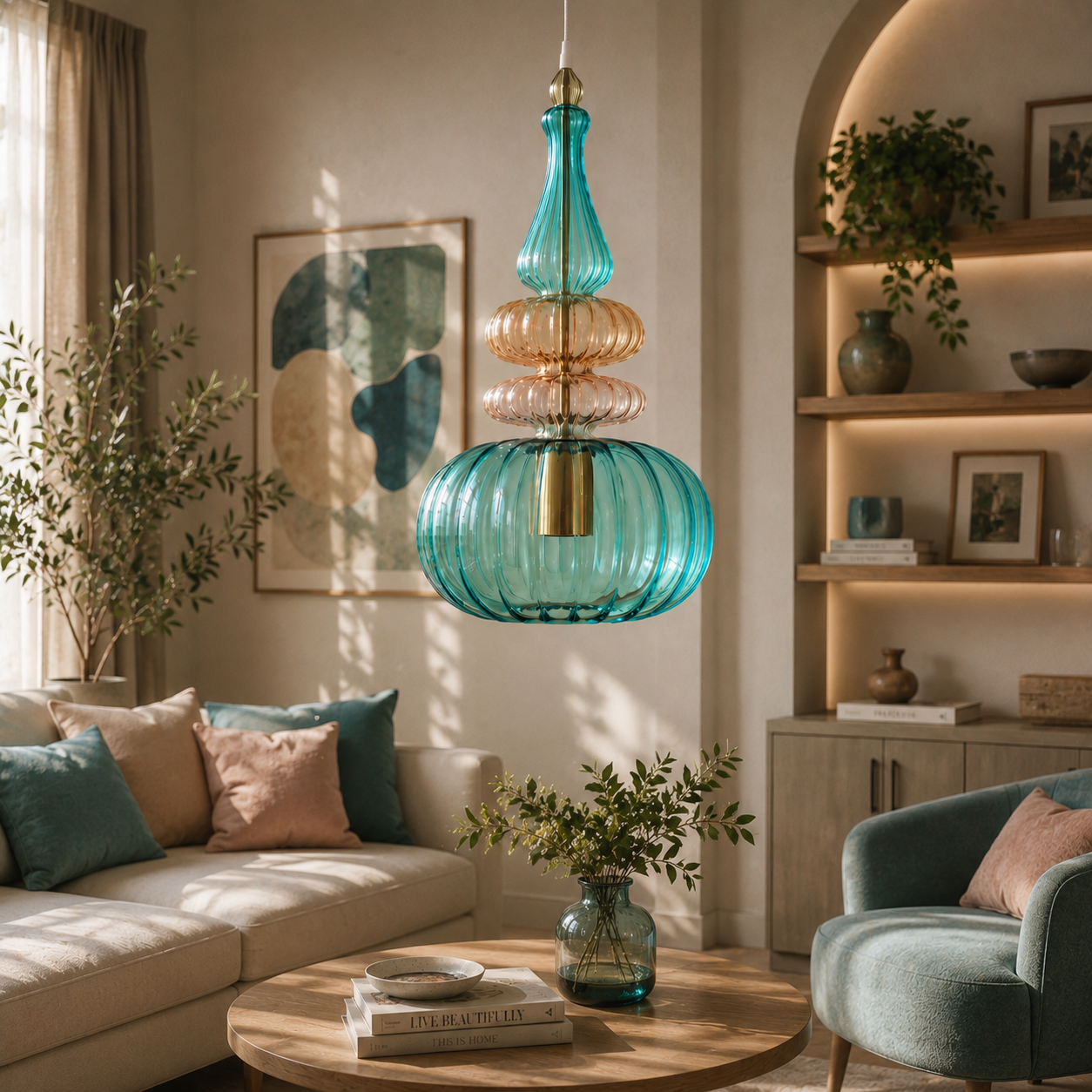 Teal & Amber Ribbed Glass Pendant Light