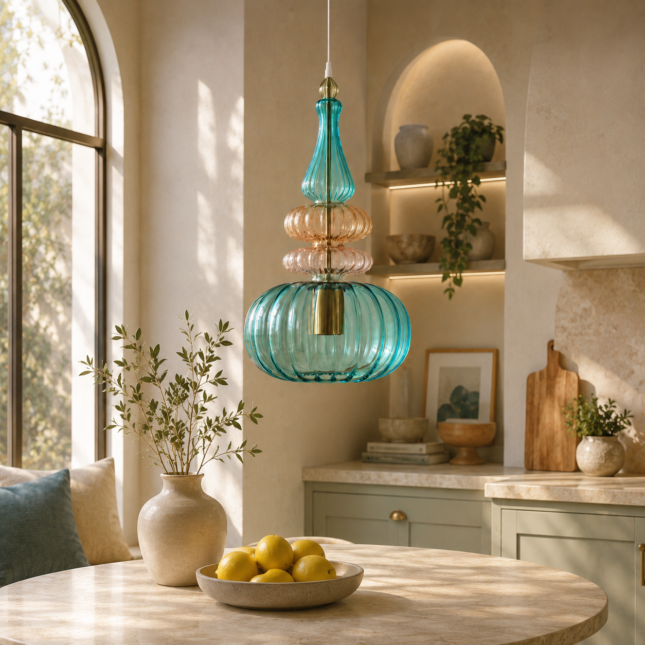 Teal & Amber Ribbed Glass Pendant Light