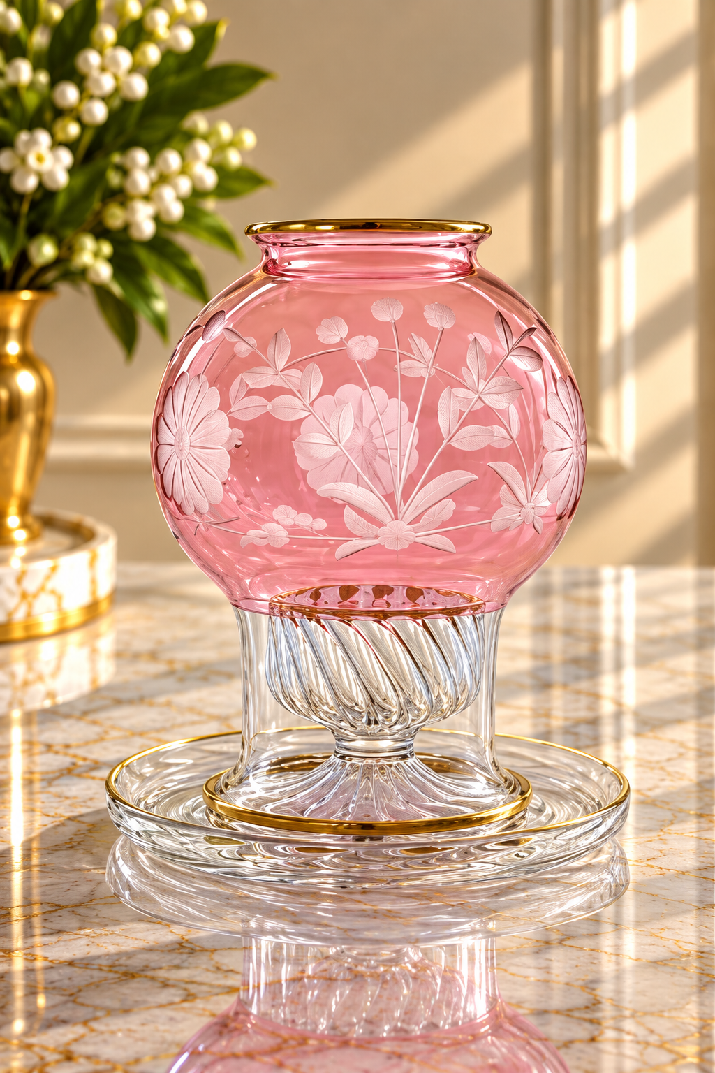 Hand Blown Pink Glass Hurricane Candle Holder – Etched Floral Glass Votive Holder with Gold Accents