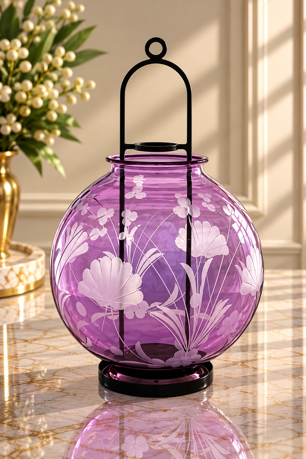 Hand Blown Purple Glass Hurricane Lantern – Round Etched Floral Glass Candle Holder | Luxury Home Decor