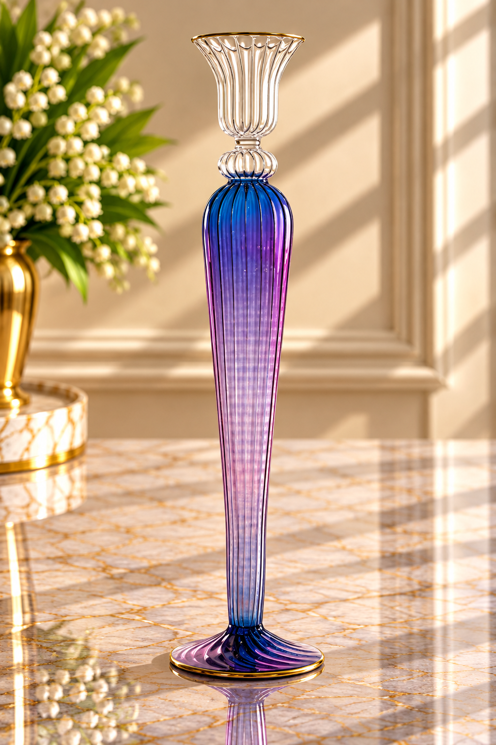 Hand Blown Blue & Purple Glass Candle Holder – Tall Ribbed Ombre Glass Candlestick | Luxury Home Decor