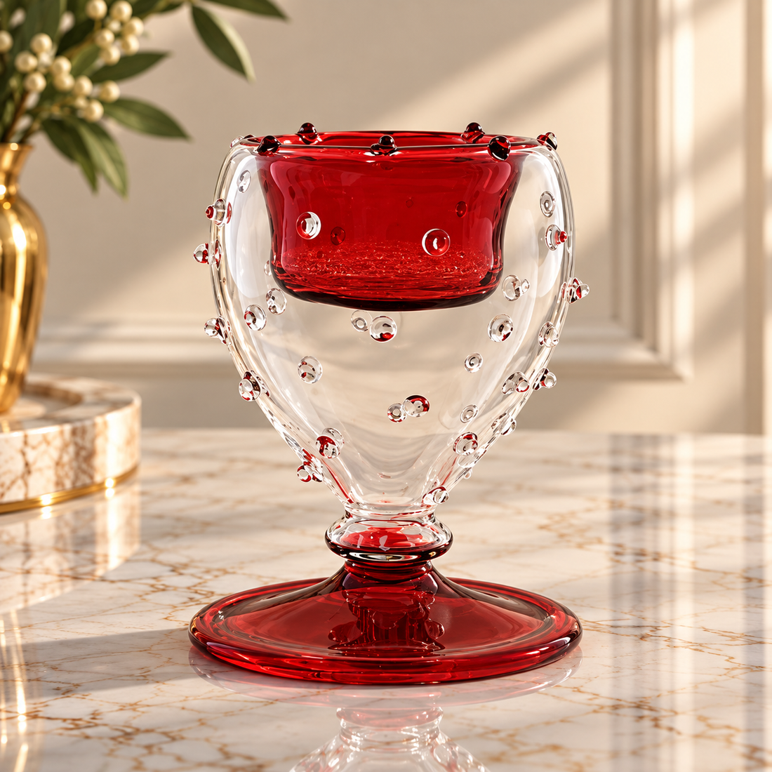 Hand Blown Red Bubble Glass Candle Holder – Ruby Red & Clear Art Glass Votive Holder