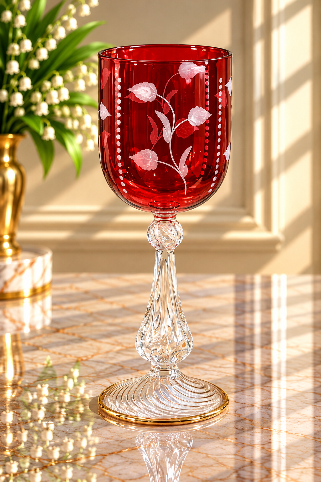 Hand Blown Ruby Red Glass Goblet – Etched Floral Art Glass with Sculptural Clear Stem & Gold Accents