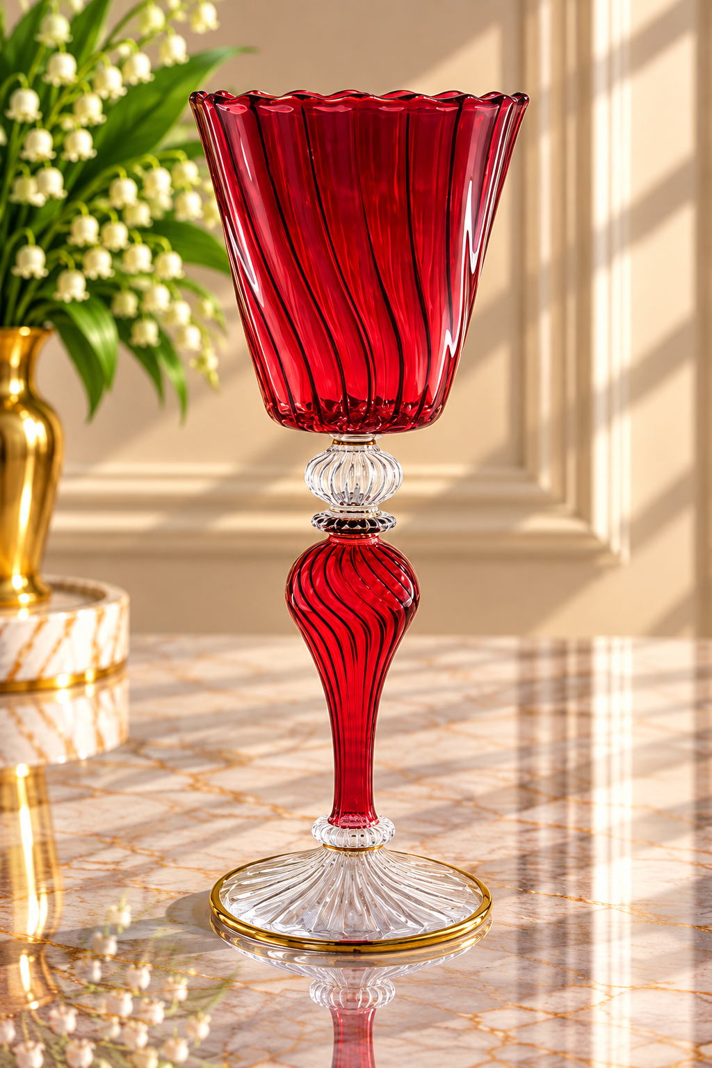 Hand Blown Ruby Red Glass Goblet – Tall Ribbed Art Glass with Twisted Stem | Luxury Decorative Glassware