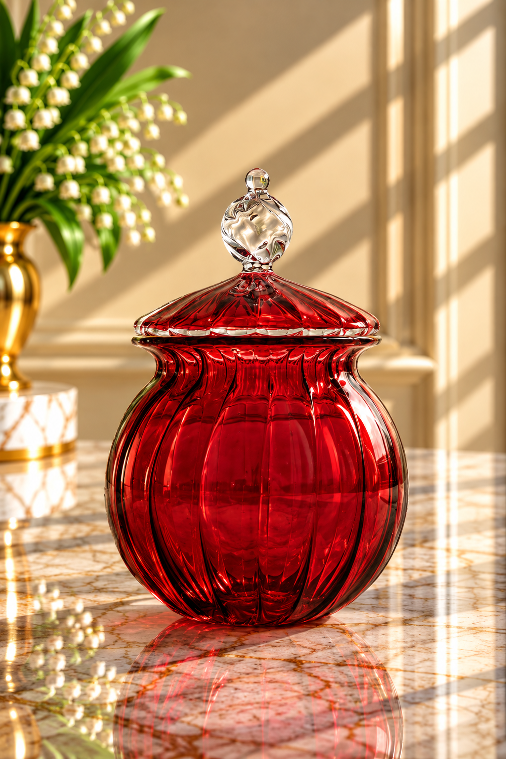 Hand Blown Ruby Red Glass Jar with Lid – Ribbed Decorative Glass Candy Jar | Luxury Art Glass Home Decor