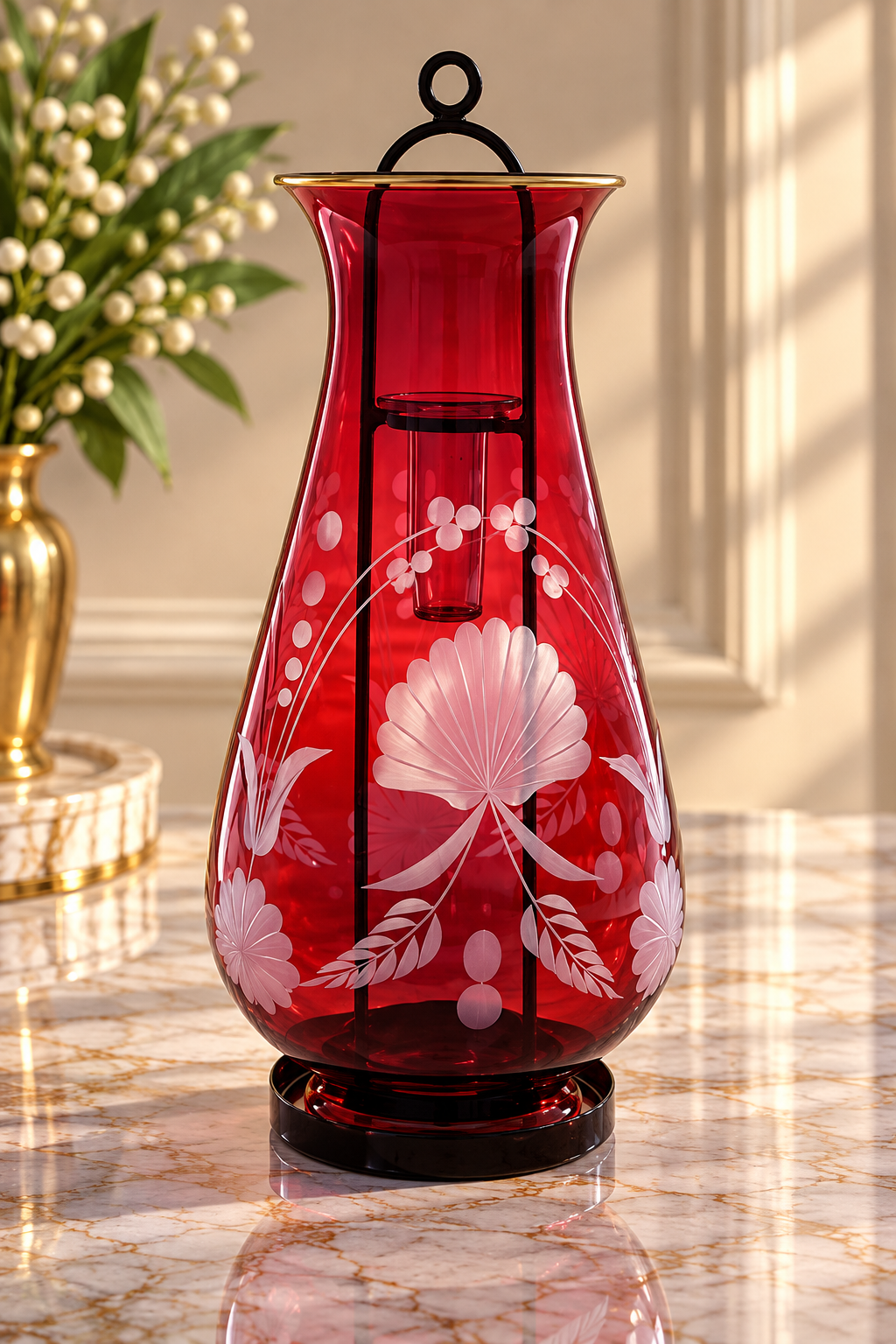 Hand Blown Ruby Red Glass Hurricane Candle Holder – Etched Floral Glass Lantern | Luxury Home Decor
