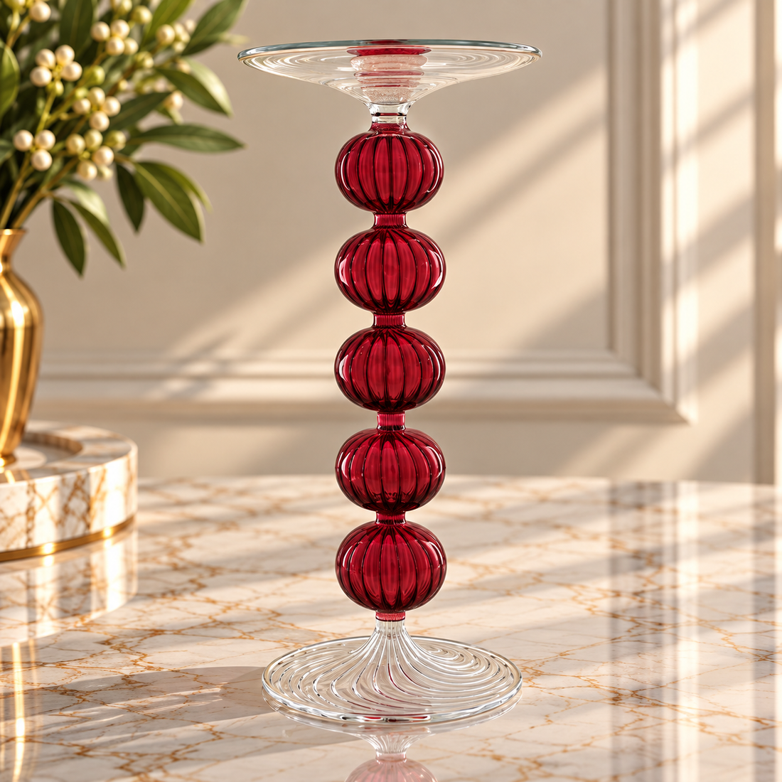 Hand Blown Ruby Red Glass Candle Holder – Tall 5-Ball Ribbed Glass Candlestick | Luxury Home Decor