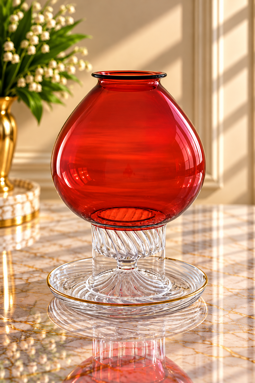 Hand Blown Ruby Red Glass Hurricane Candle Holder – Modern Round Glass Lantern with Crystal Pedestal | Luxury Home Decor