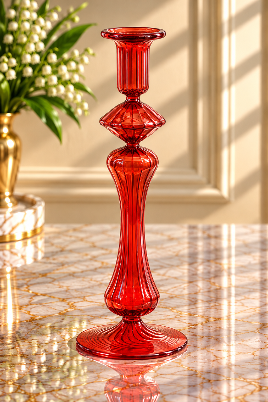 Hand Blown Ruby Red Glass Candle Holder – Tall Ribbed Glass Candlestick with Sculptural Geometric Design