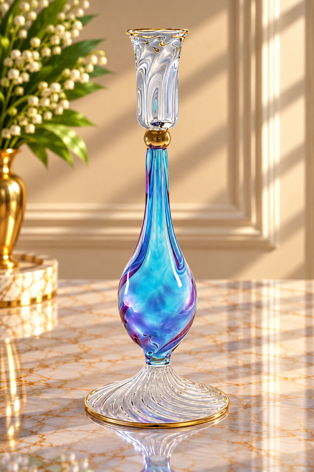 Hand Blown Blue & Purple Swirl Glass Candle Holder – Tall Art Glass Candlestick with Gold Accents