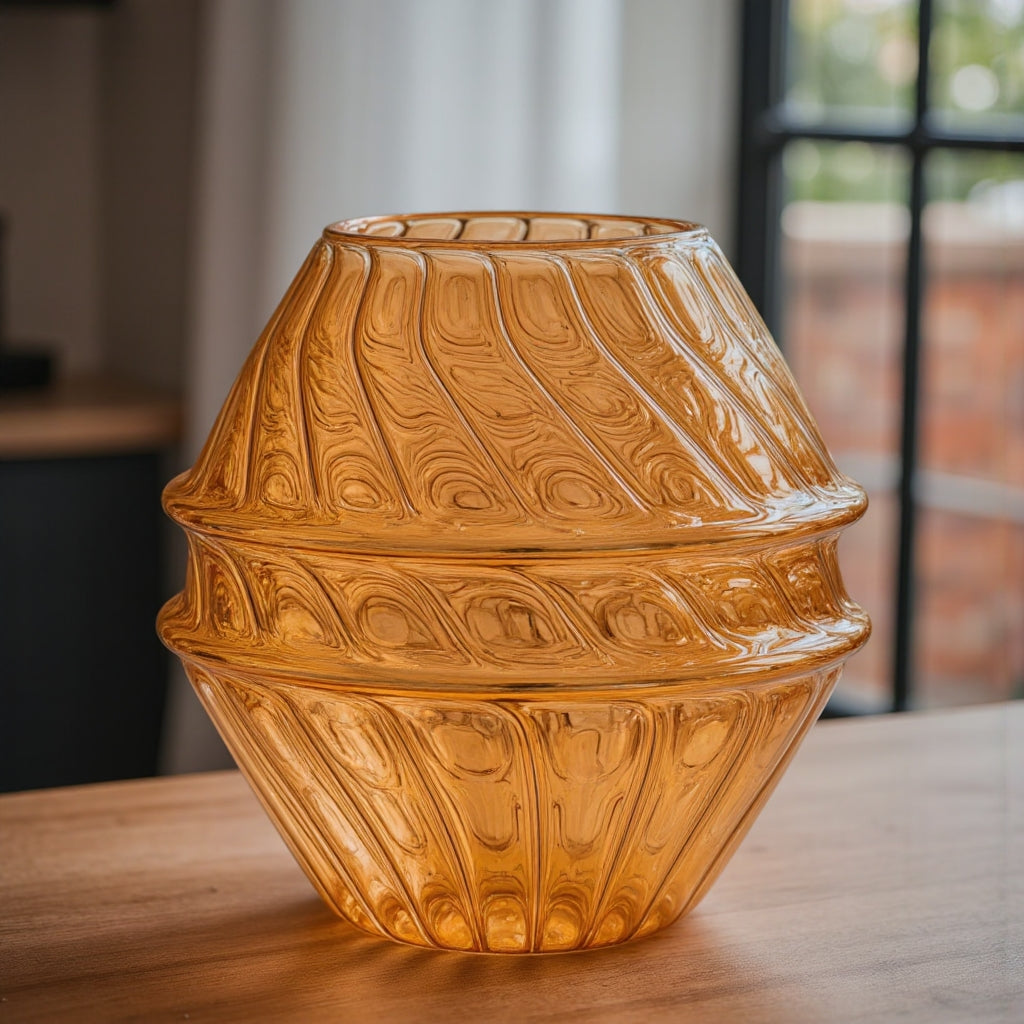 Amber Hand Blown Glass Vase – Sculptural Ribbed Art Glass Flower Vase