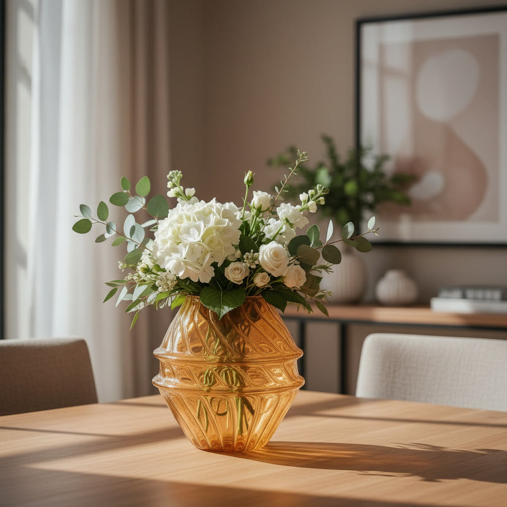 Amber Hand Blown Glass Vase – Sculptural Ribbed Art Glass Flower Vase