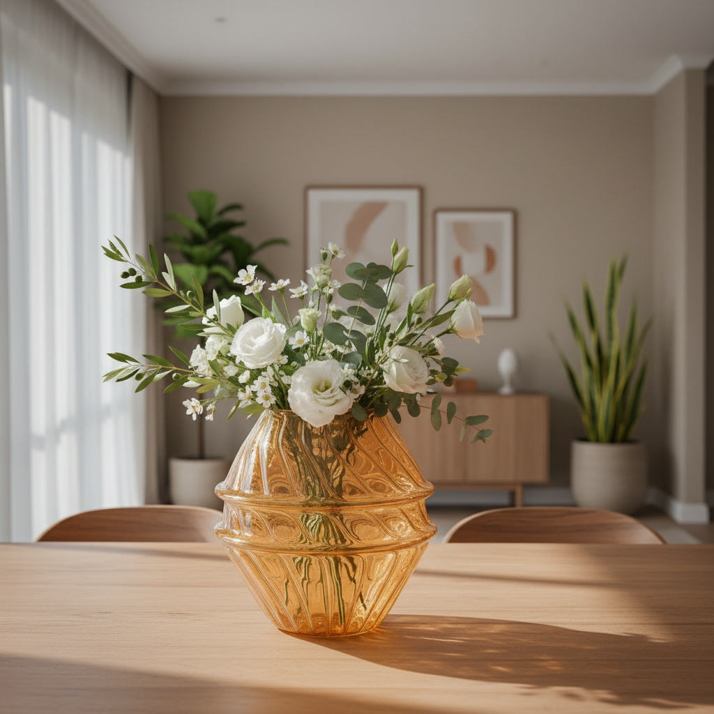 Amber Hand Blown Glass Vase – Sculptural Ribbed Art Glass Flower Vase