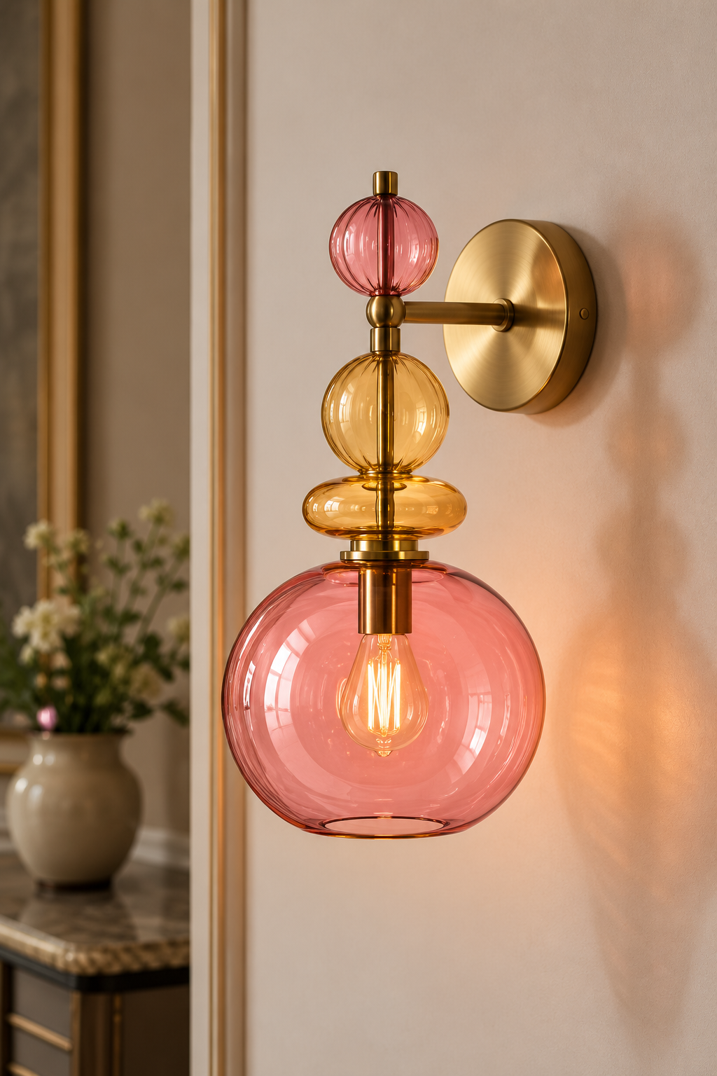 Pink & Amber Hand Blown Glass Wall Sconce – Colorful Brass Wall Light Fixture