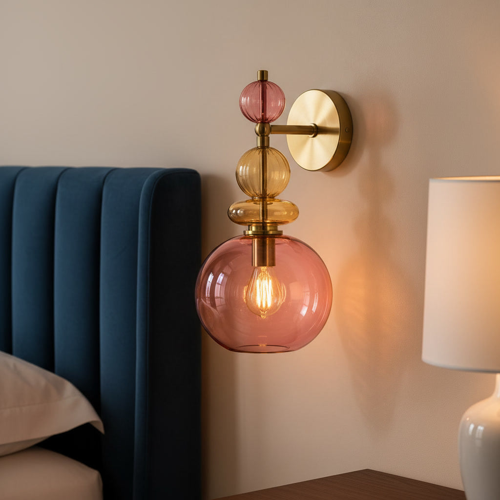 Pink & Amber Hand Blown Glass Wall Sconce – Colorful Brass Wall Light Fixture