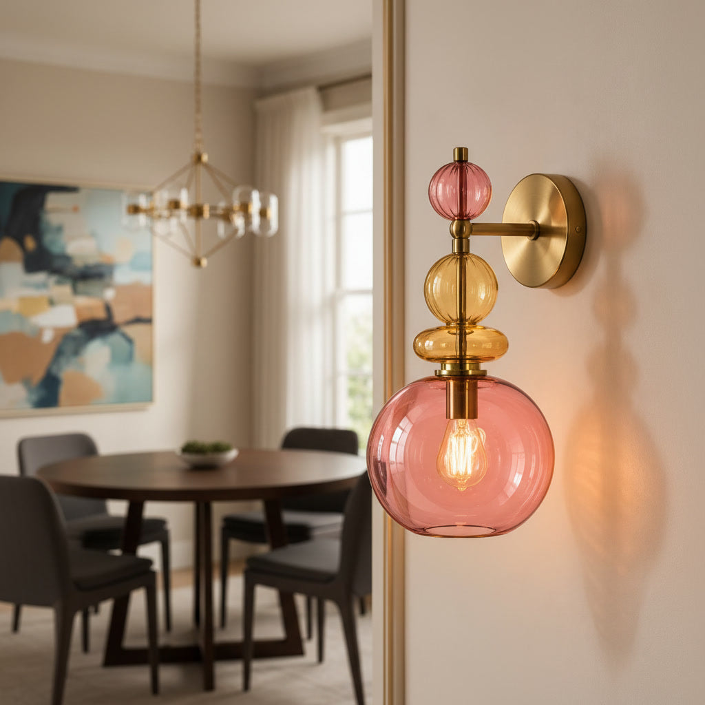 Pink & Amber Hand Blown Glass Wall Sconce – Colorful Brass Wall Light Fixture