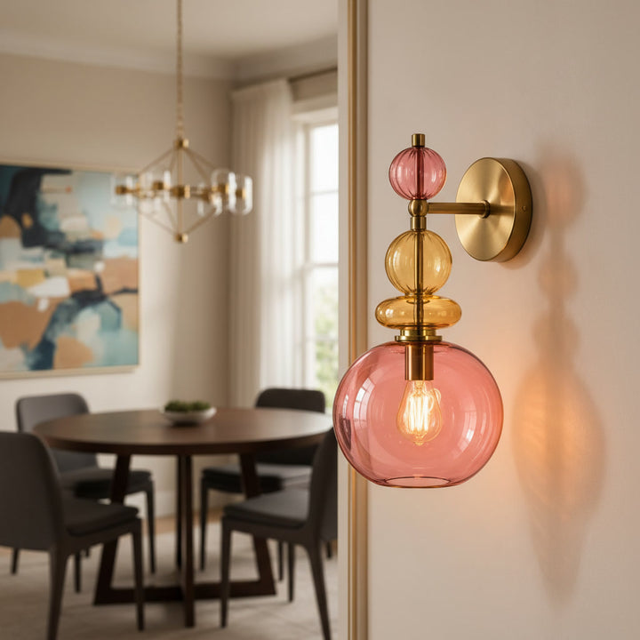 Pink & Amber Hand Blown Glass Wall Sconce – Colorful Brass Wall Light Fixture