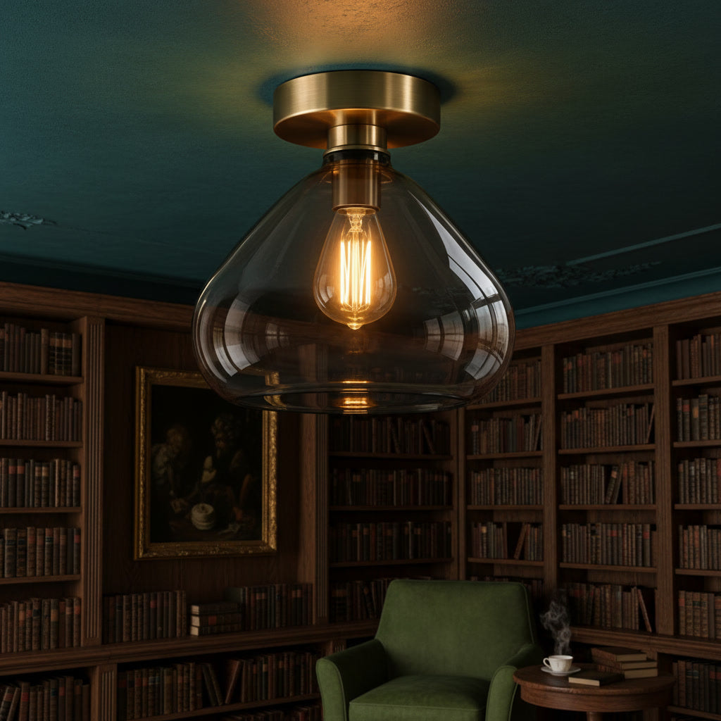 Smoky Gray Glass Flush Mount Ceiling Light – Handmade Brass Ceiling Fixture