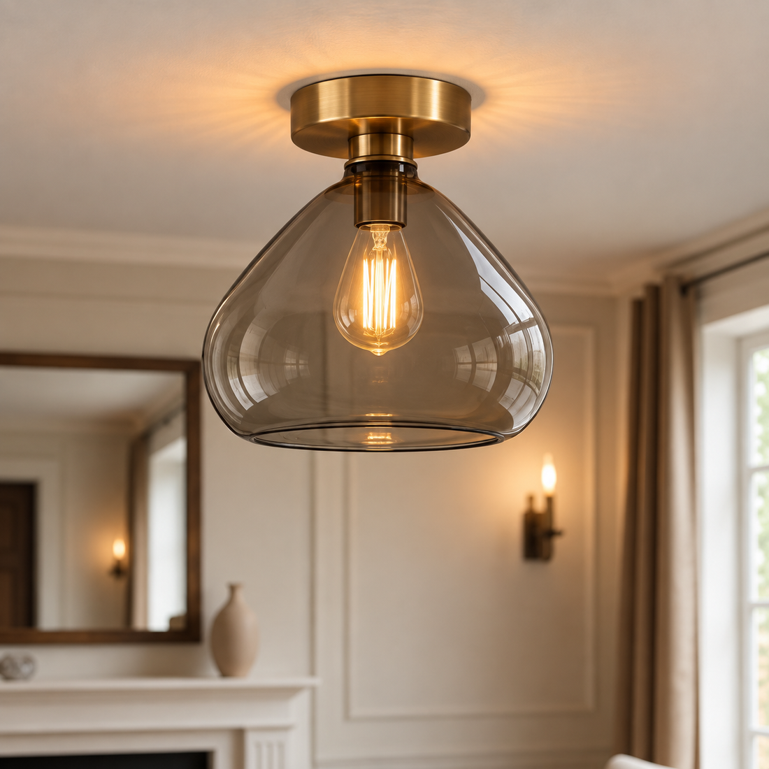 Smoky Gray Glass Flush Mount Ceiling Light – Handmade Brass Ceiling Fixture