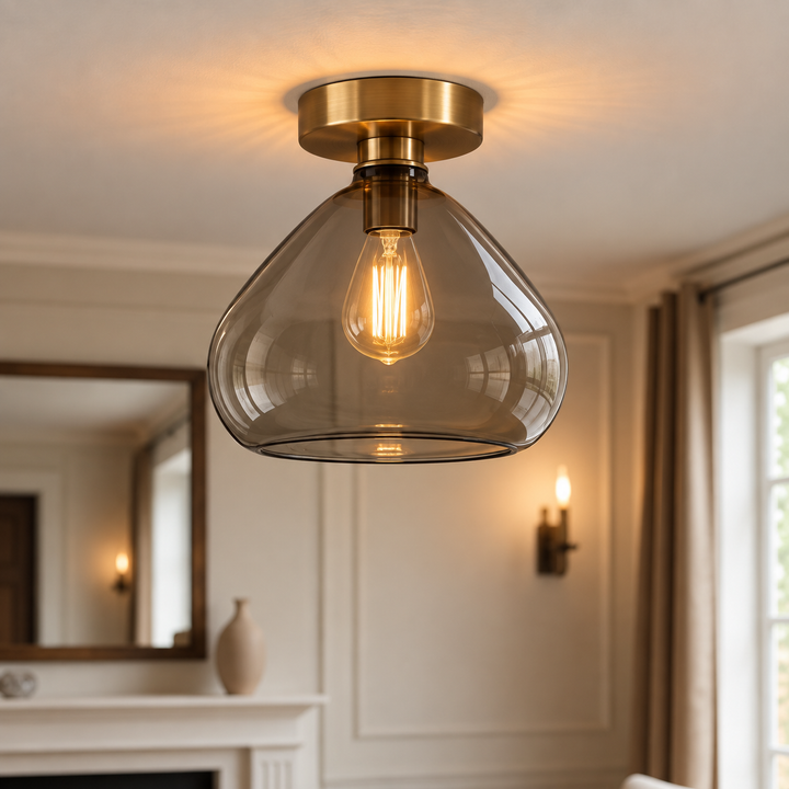 Smoky Gray Glass Flush Mount Ceiling Light – Handmade Brass Ceiling Fixture