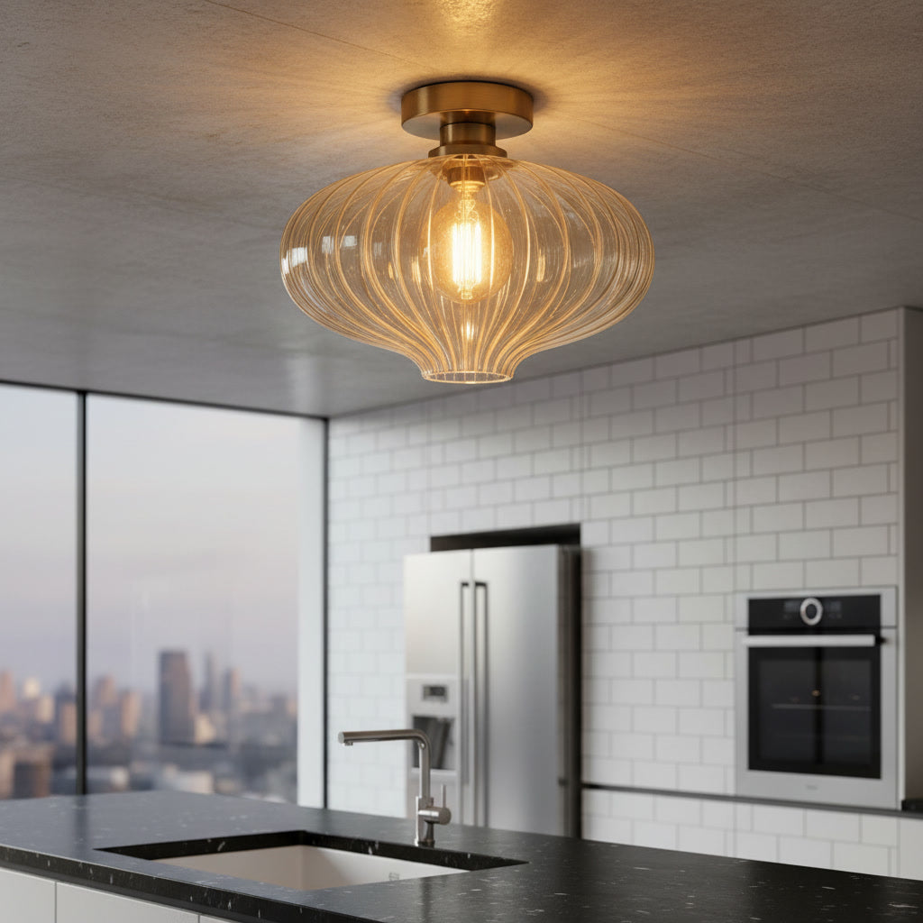 Clear Ribbed Glass Flush Mount Ceiling Light – Handmade Brass Ceiling Fixture