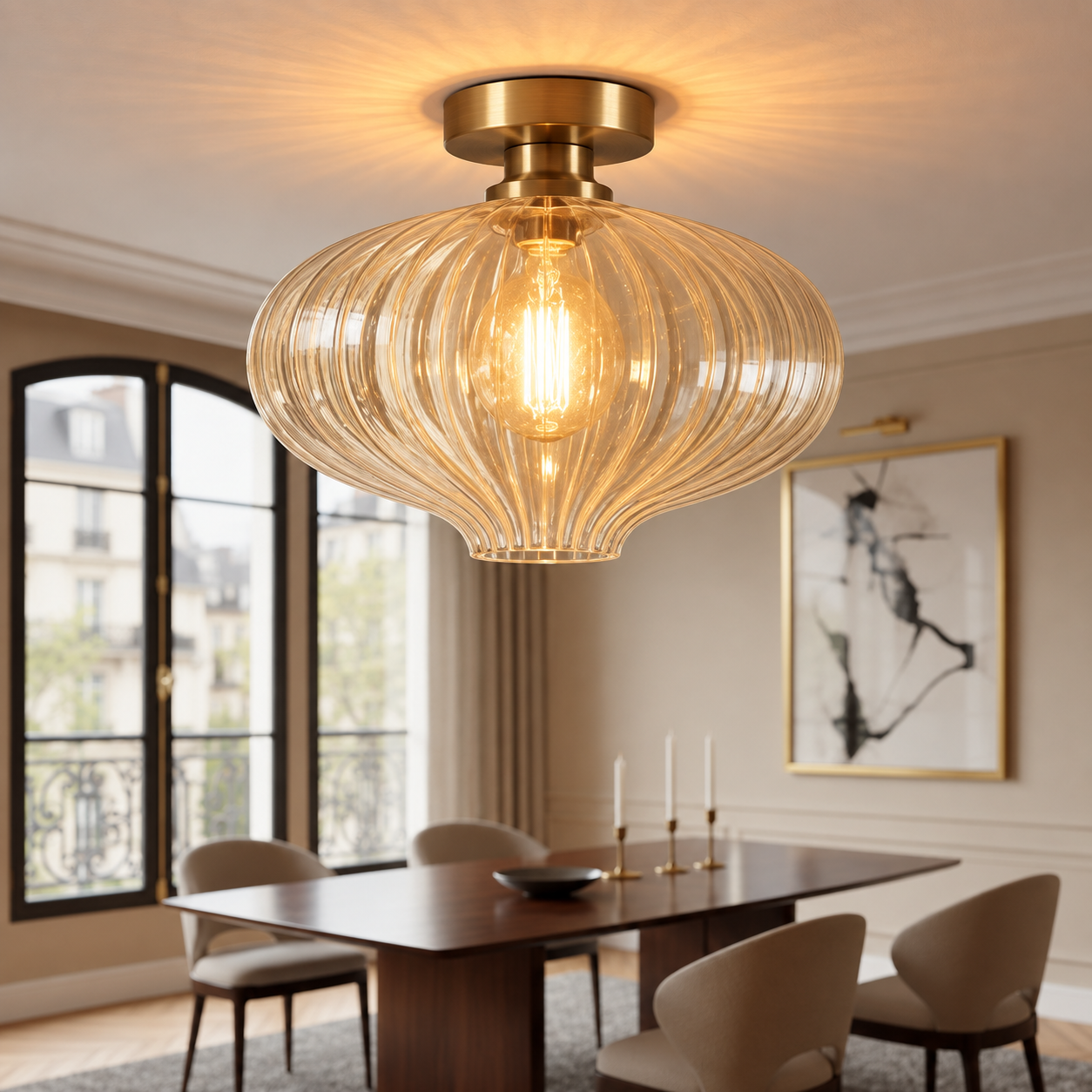 Clear Ribbed Glass Flush Mount Ceiling Light – Handmade Brass Ceiling Fixture