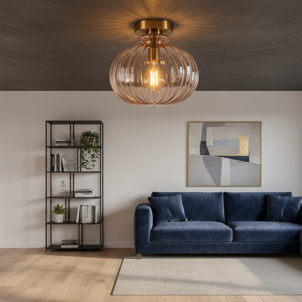 Blush Pink Ribbed Glass Flush Mount Ceiling Light – Handmade Brass Ceiling Fixture