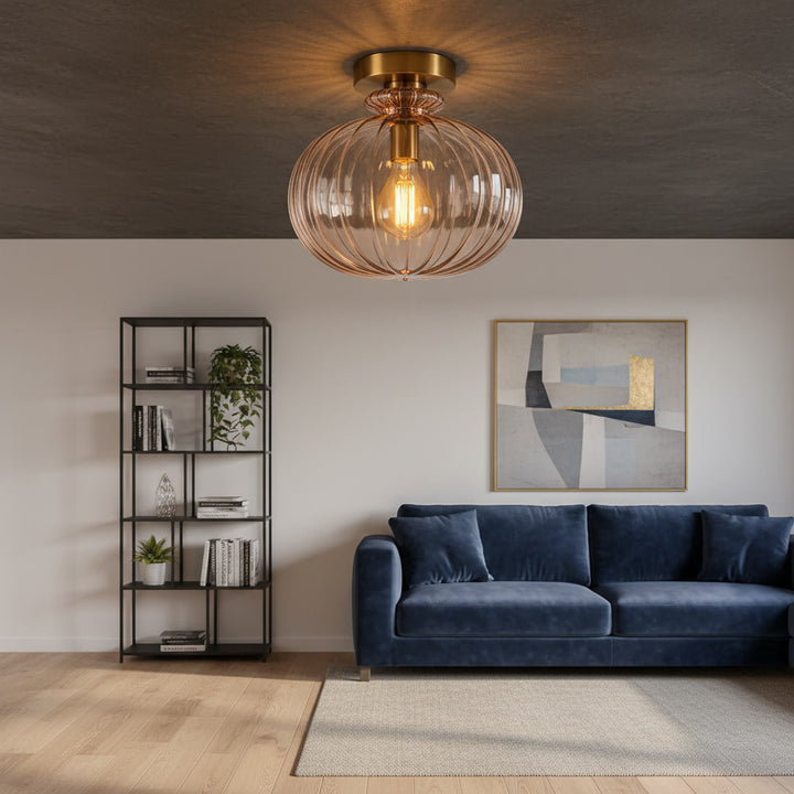 Blush Pink Ribbed Glass Flush Mount Ceiling Light – Handmade Brass Ceiling Fixture