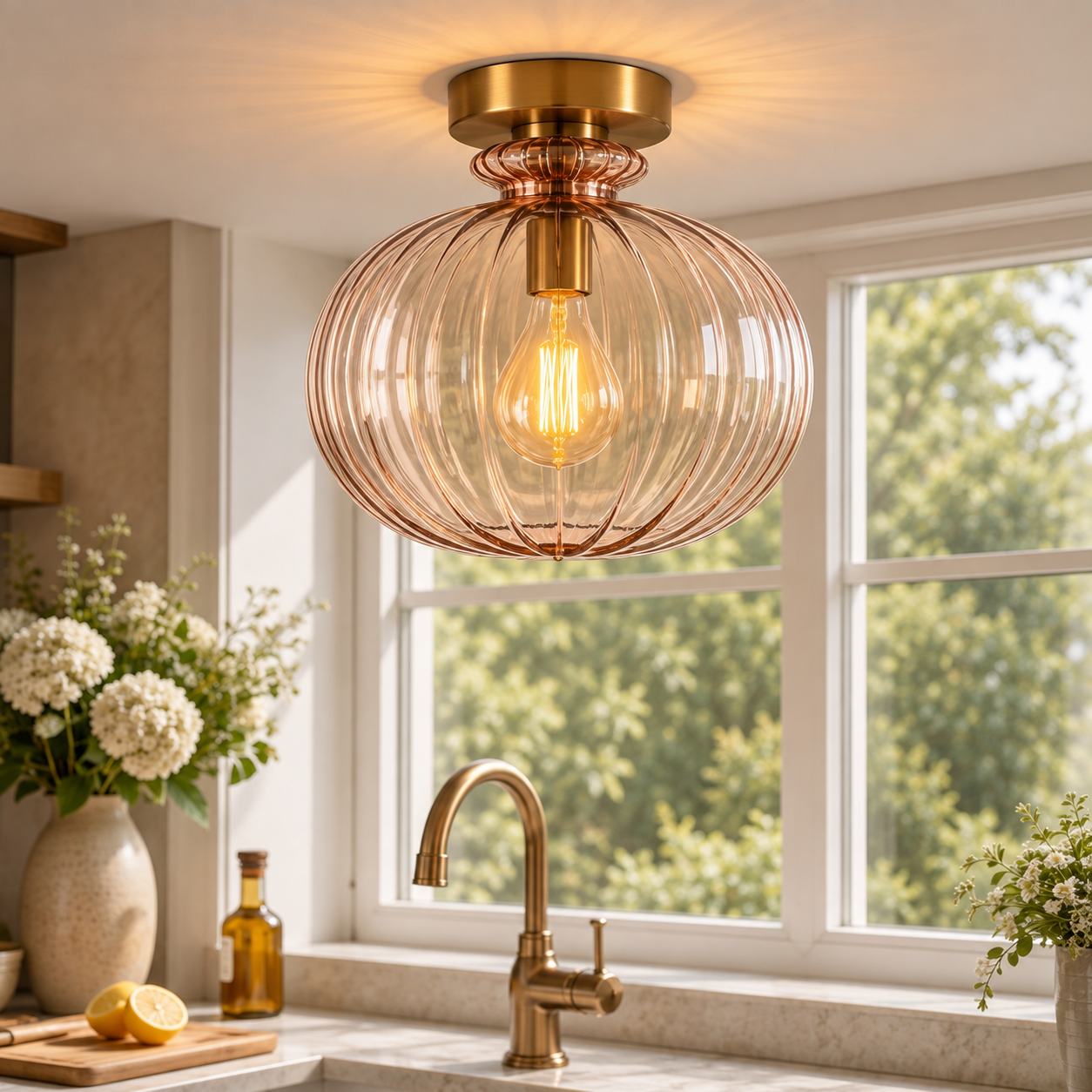 Blush Pink Ribbed Glass Flush Mount Ceiling Light – Handmade Brass Ceiling Fixture